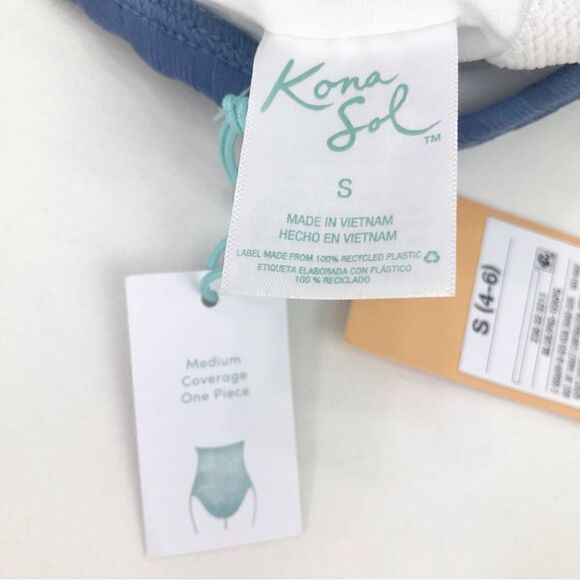 Kona Sol Blue Textured Stripe Ring Front Tie Back One Piece Bathing Suit - Picture 15 of 16